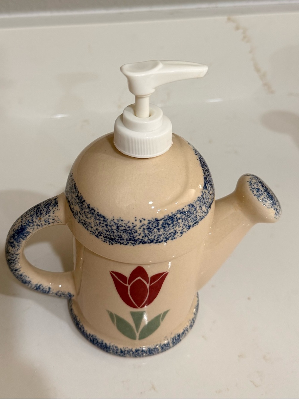Cream Ceramic Tulip Soap Dispenser with Blue Speckle Accent - Picture 4 of 5
